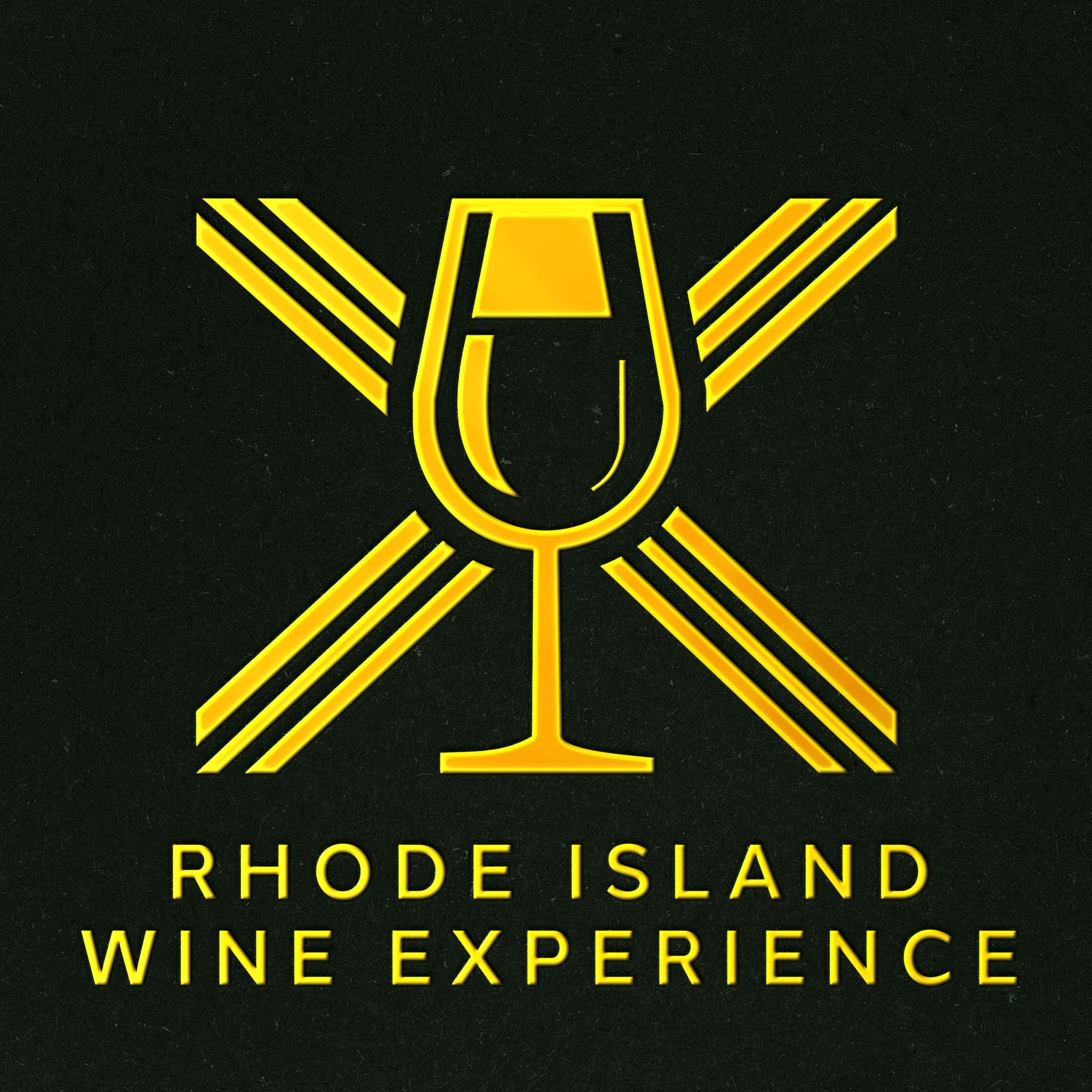 Rhode Island Wine Experience logo featuring a golden wine glass with intersecting lines, symbolizing fine wine and regional tasting events.